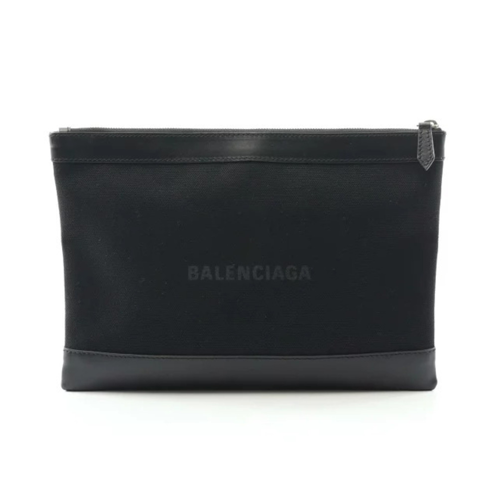 Balenciaga Navy Blue Clip Shoulder Bag Clutch Canvas Leather Black